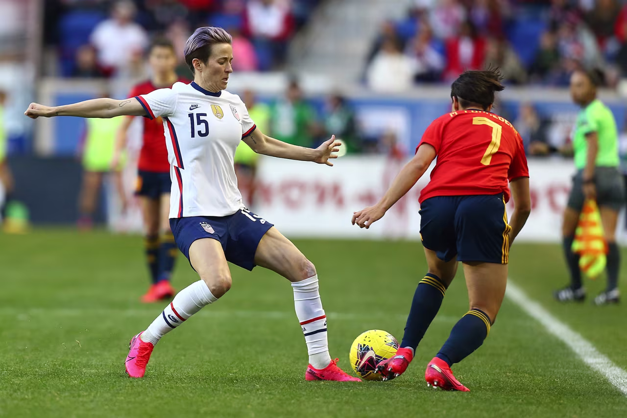Megan Rapinoe, left, and Marta Corredera vie for the ball at Red Bull Arena on March 8, in Harrison, New Jersey.