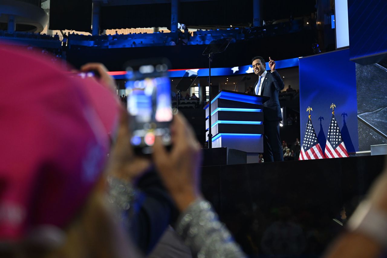 Vivek Ramaswamy speaks on stage during the second day of the 2024 Republican National Convention in Milwaukee on Tuesday, July 16.