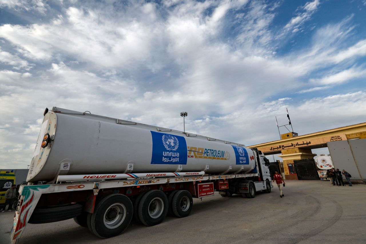 A truck of the United Nations Relief and Works Agency for Palestine Refugees (UNRWA) carrying fuel arrive at the Egyptian side of the Rafah border crossing with the Gaza Strip on November 22, 2023.