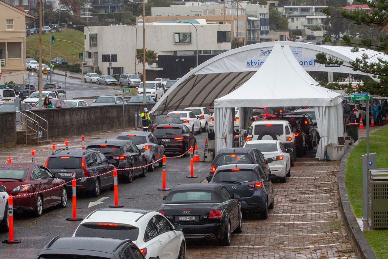 Cars wait in line at a Bondi Beach Covid-19 drive-through testing clinic on December 21, in Sydney, Australia.