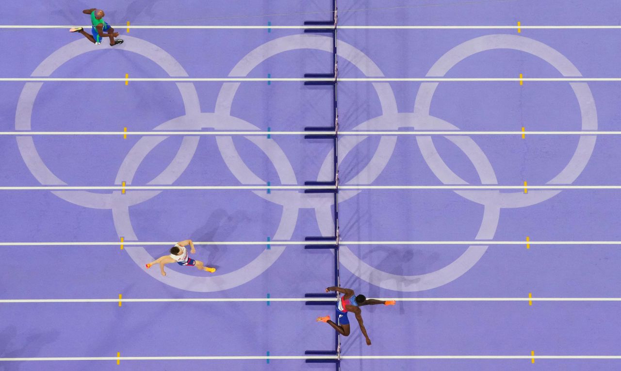 Team USA's Rai Benjamin, bottom, leads in the men's 400-meter hurdles Friday. 