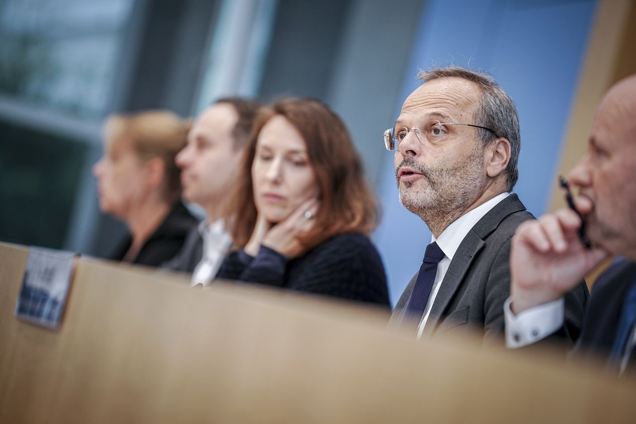 Felix Klein, second from right, the federal government commissioner for Jewish Life in Germany and the Fight against Anti-Semitism, presents the Civil Society Situation Report on Anti-Semitism #12 at the Federal Press Conference in Berlin, Germany, on November 7.