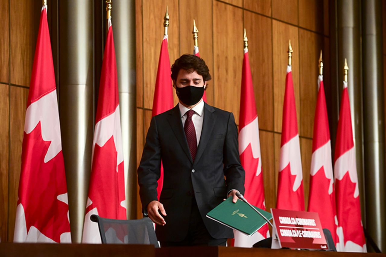 Canada's Prime Minister Justin Trudeau arriving at a press conference to discuss the COVID-19 pandemic in Ottawa, Ontario, on Tuesday, Oct. 13, 2020.