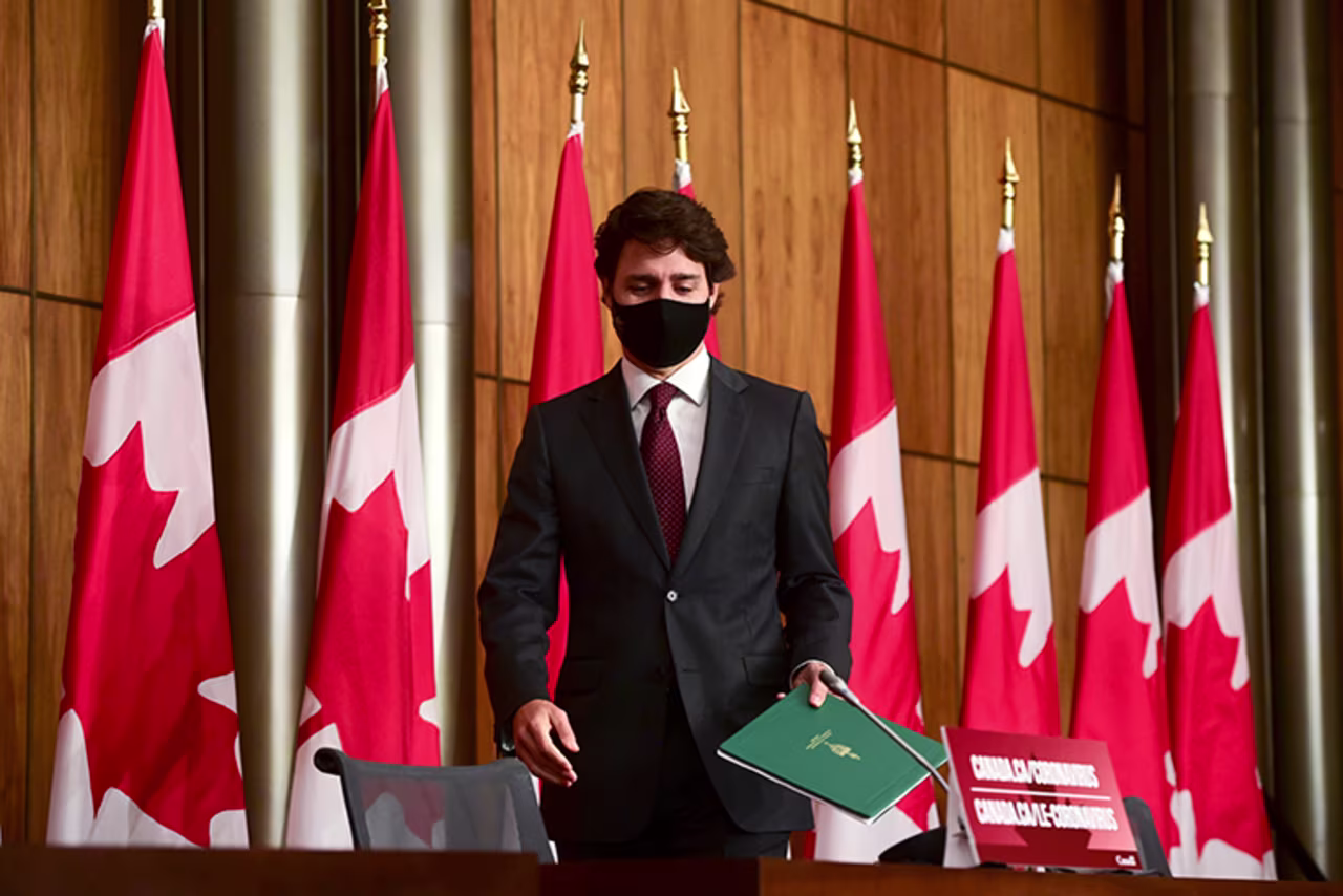Canada's Prime Minister Justin Trudeau arriving at a press conference to discuss the COVID-19 pandemic in Ottawa, Ontario, on Tuesday, Oct. 13, 2020.