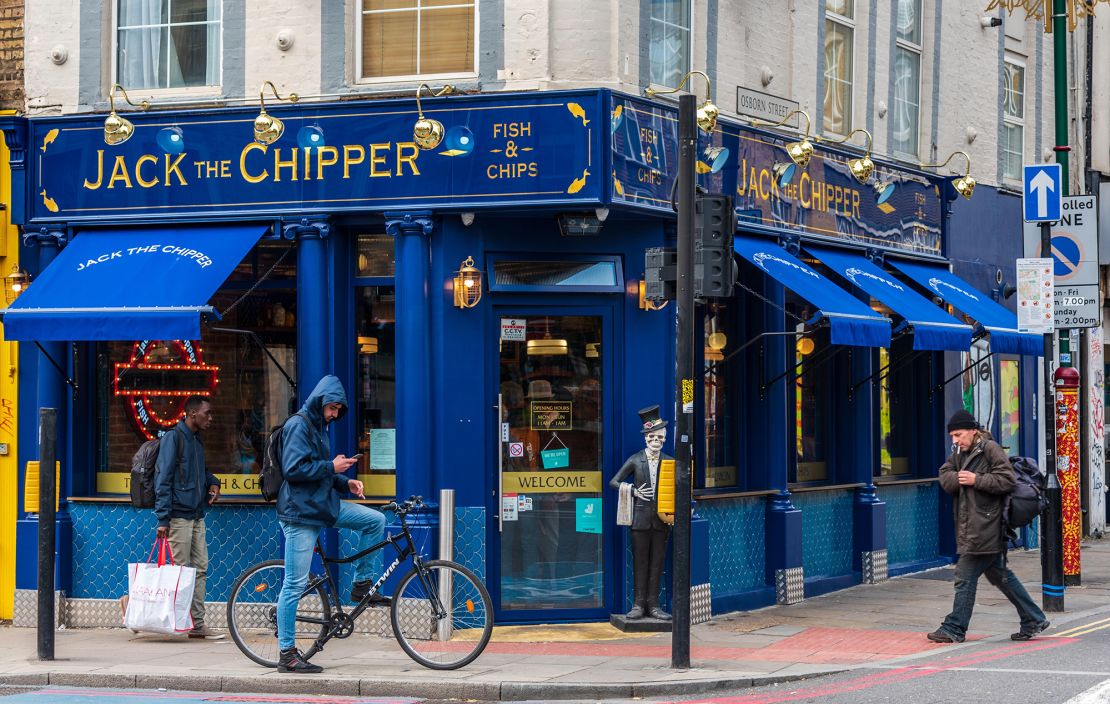 Numerous local businesses in East London, including this fish and chip shop, trade on Jack the Ripper's notoriety.