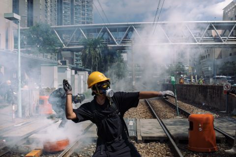 Protesters and police clash in Tin Shui Wai, Hong Kong, on August 5, 2019.