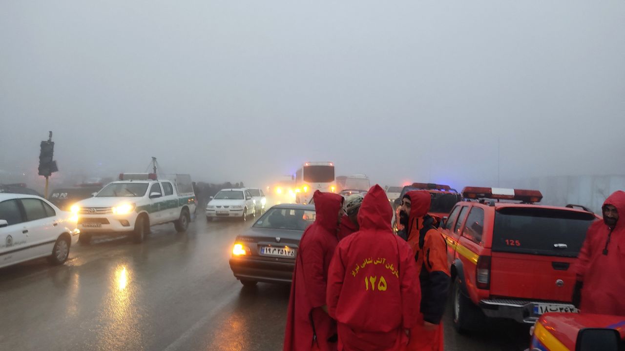 Rescue vehicles are seen following the crash of a helicopter carrying Iran's President Ebrahim Raisi in Varzaqan, East Azerbaijan Province, Iran, on May 19. This third-party photo was provided by Moj News Agency and West Asia News Agency.