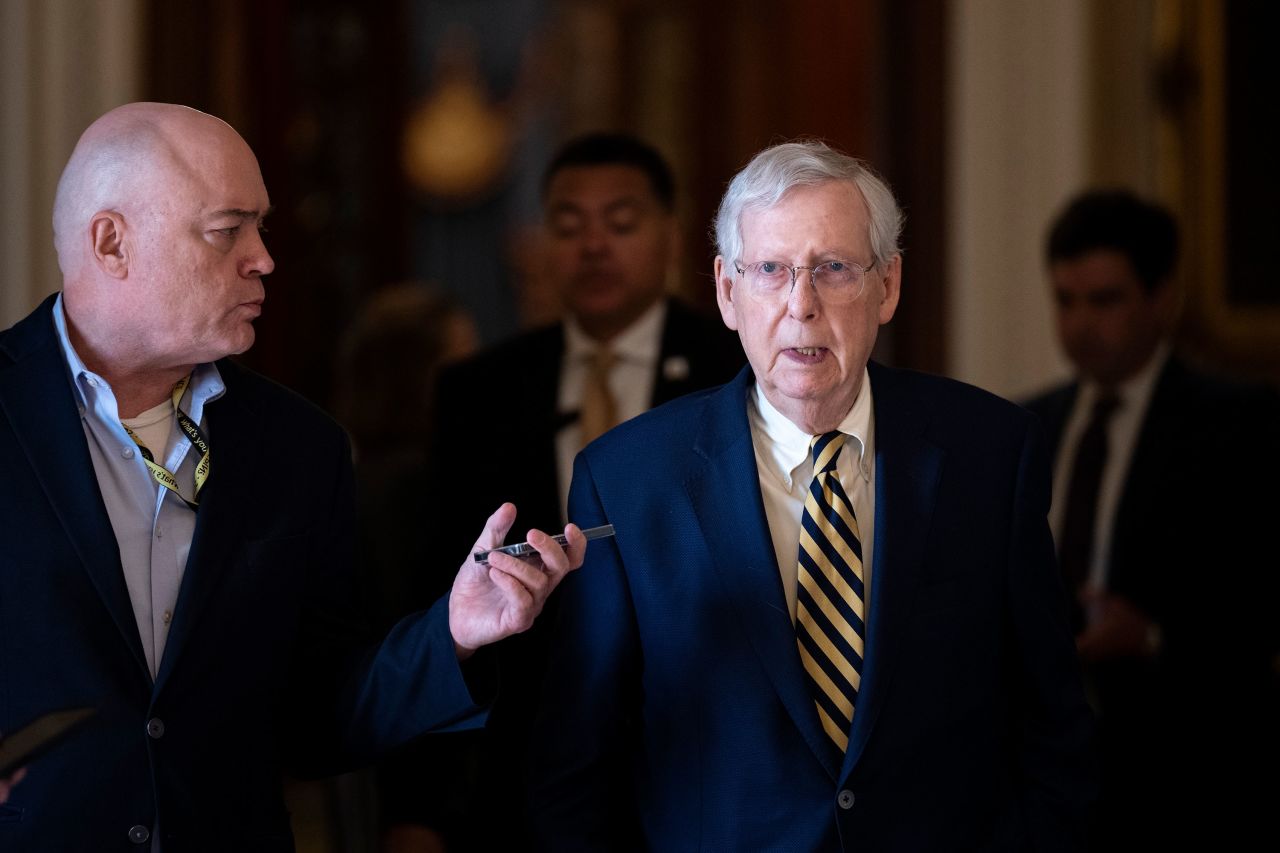 Sen. Mitch McConnell talks to a reporter at the US Capitol on Monday.