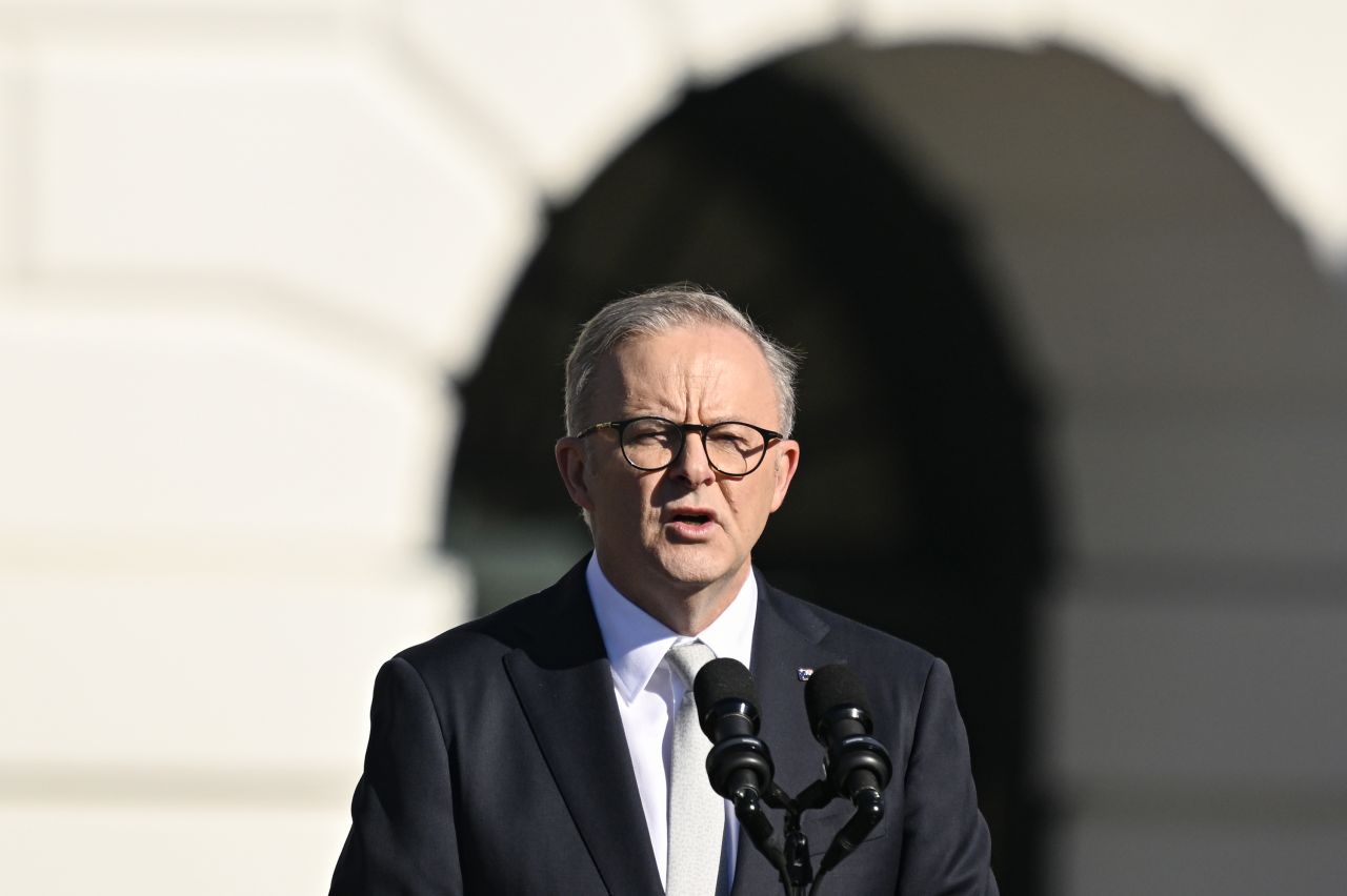 Australian Prime Minister Anthony Albanese speaks during an official welcoming ceremony at the White House on October 25.