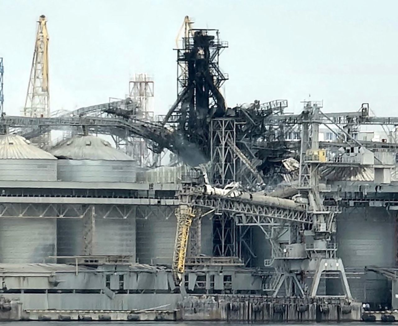 A grain terminal in a sea port is seen damaged after Russian missile and drone strikes, at an undisclosed location in?the Odesa?region of Ukraine, on July 19. Ukrainian Infrastructure Ministry via Facebook/Handout/Reuters