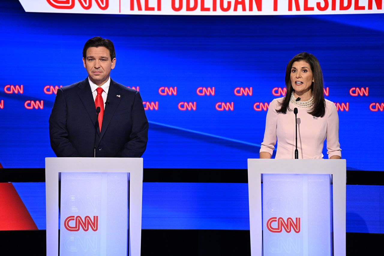 Former South Carolina Gov. Nikki Haley and Florida Gov. Ron DeSantis participate in a CNN Republican Presidential Debate at Drake University in Des Moines, Iowa, on January 10.