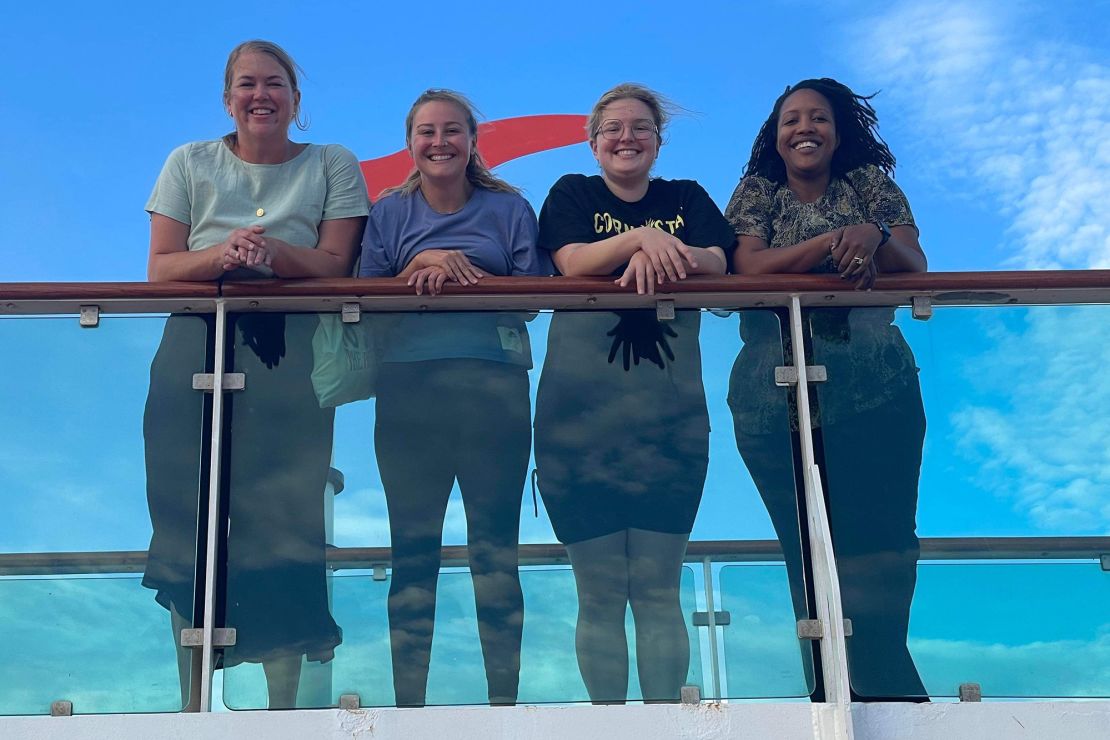 Some of the passengers on board the nine month cruise became TikTok celebrities. Pictured here on the far left is Angie Linderman. Next to Linderman is passenger Ale Kenney. Second from right is the passenger known as Little Rat Brain and furthest to the right is Shannon Marie Lake.