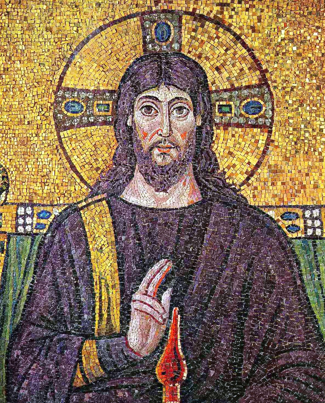 A Byzantine mosaic features Tyrian purple in the robes and hair of Jesus Christ.