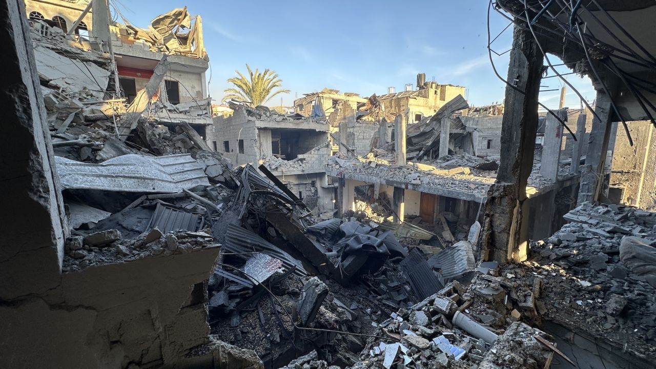 Destroyed buildings are seen following Israeli airstrikes on Jabalaya Camp in Gaza on Sunday