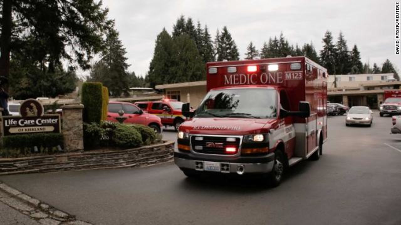 An ambulance transports a patient from the Life Care Center of Kirkland, the long-term care facility linked to the two of three confirmed coronavirus cases in the state, in Kirkland, Washington, U.S. March 1.