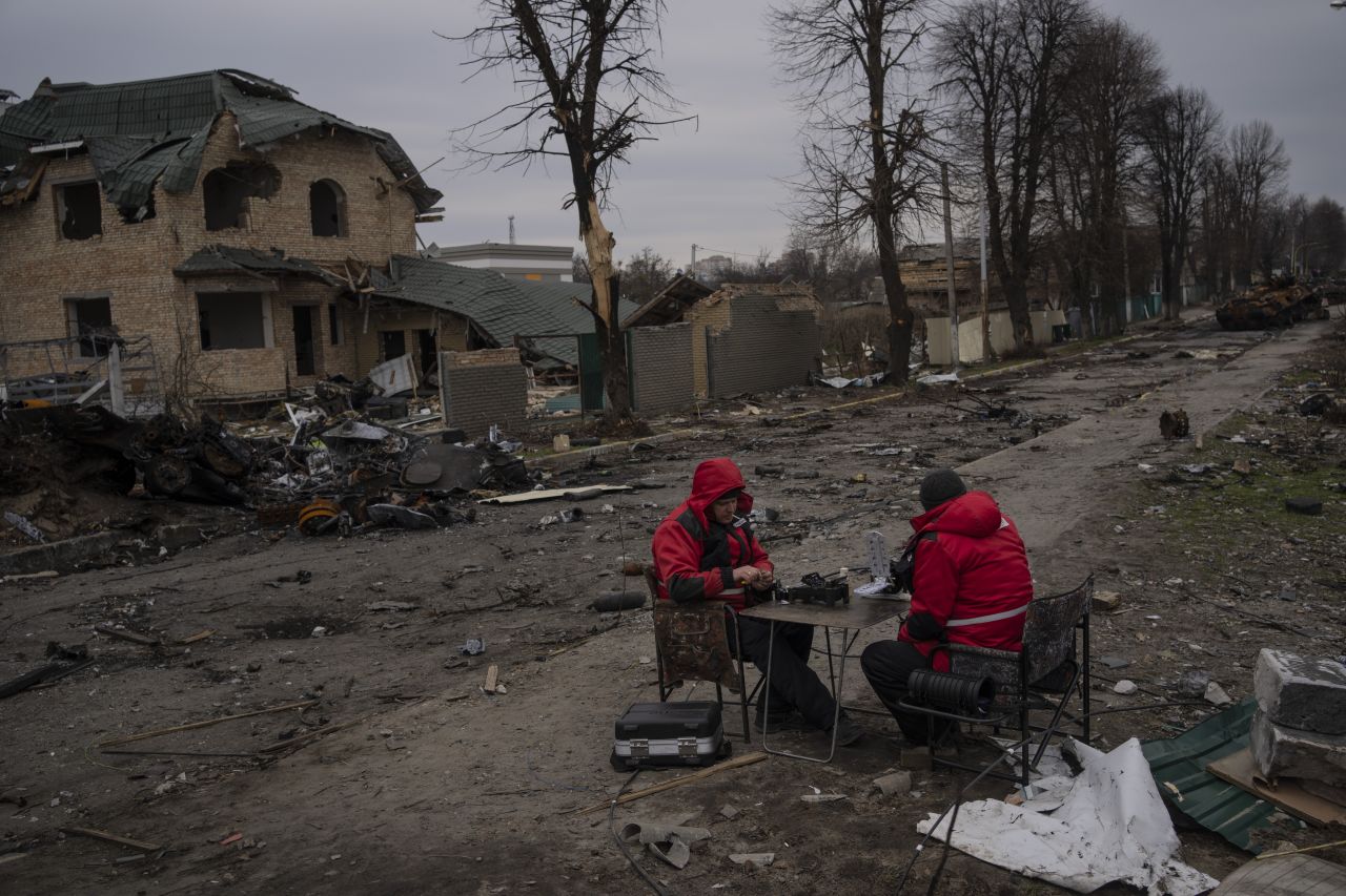 Technicians try to fix the internet in Bucha, located on the outskirts of Kyiv, Ukraine, on April 5. 