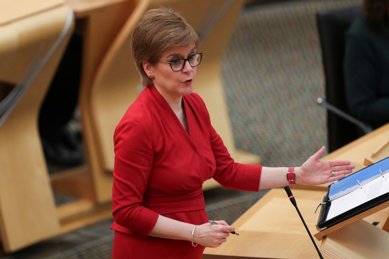 Scottish First Minister Nicola Sturgeon makes a statement on the coronavirus restrictions at the Scottish Parliament on February 23 in Edinburgh, Scotland. 