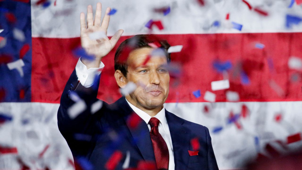 Florida Gov. Ron DeSantis waves to supporters in Tampa on Tuesday night.