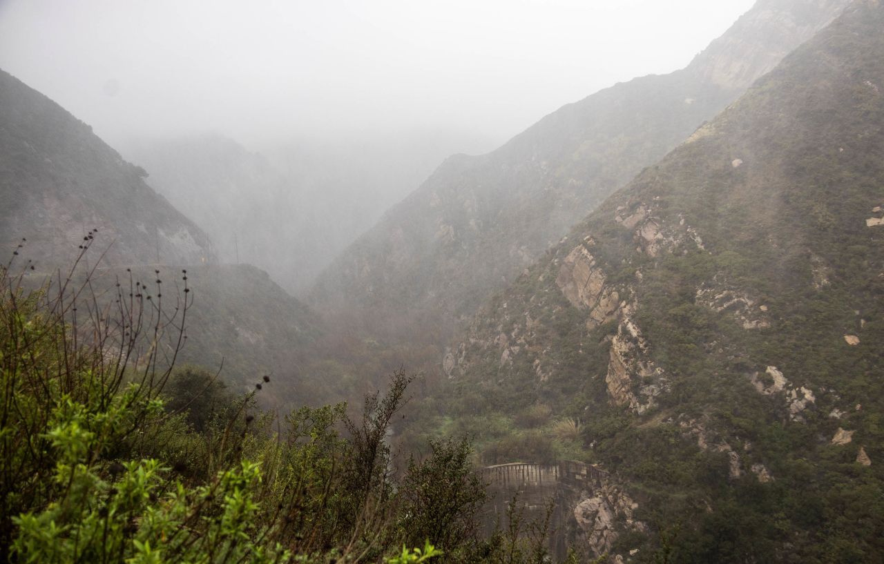 The Santa Monica mountains are seen during heavy rains in Malibu, California, on February 4.