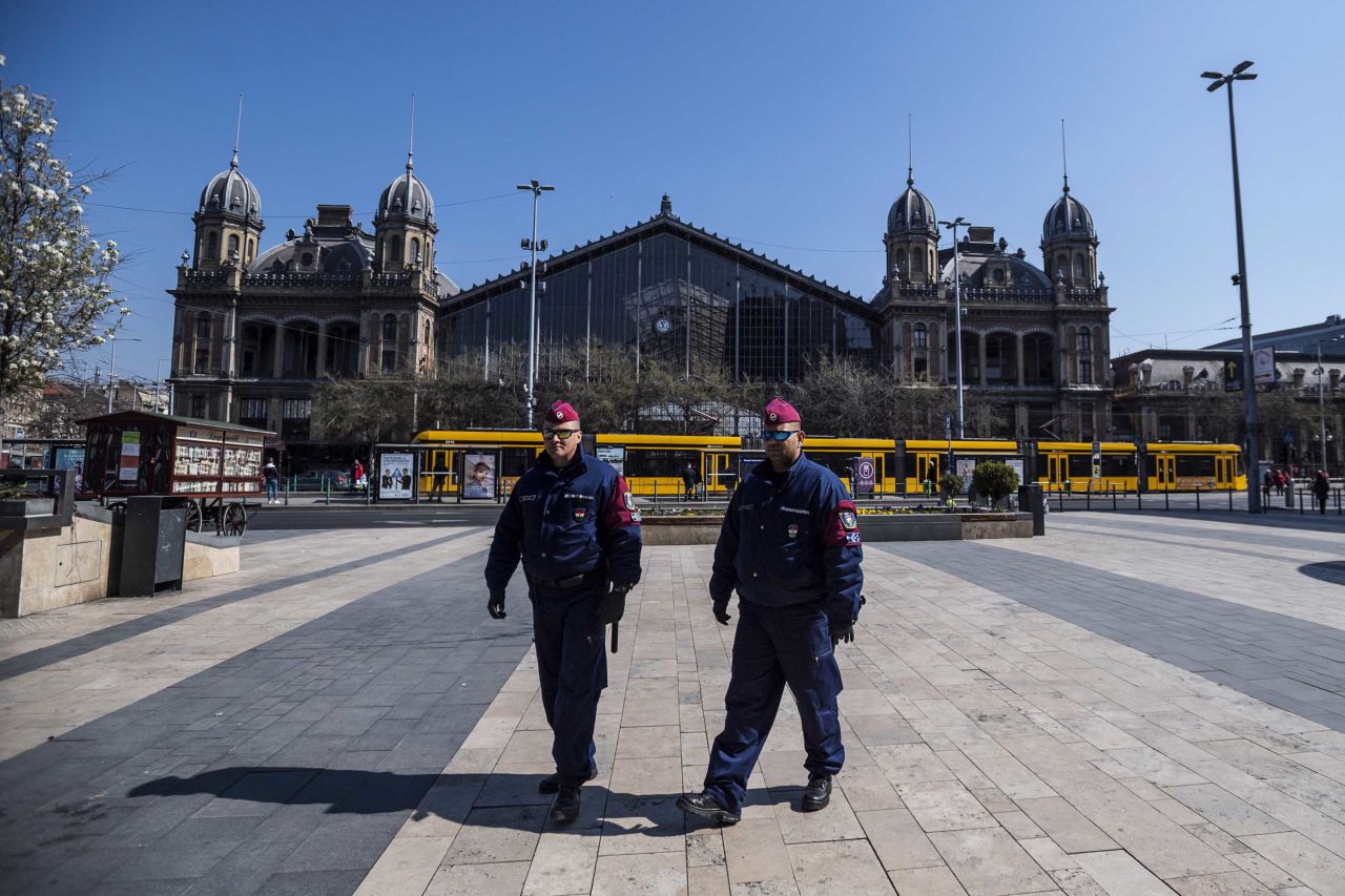 Police officers patrol during lockdown in Budapest, Hungary, on April 3.