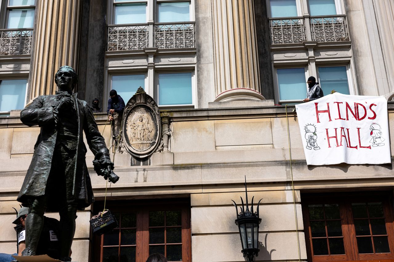 Pro-Palestinian protestors occupy Hamilton Hall at Columbia University on April 30, in New York City.