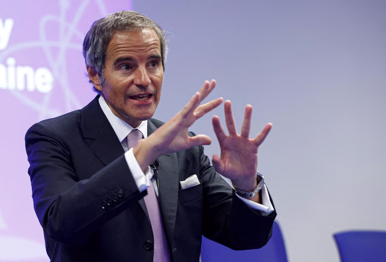 International Atomic Energy Agency (IAEA) Director-General Rafael Grossi addresses a news conference during an IAEA Board of Governors meeting in Vienna on Monday.