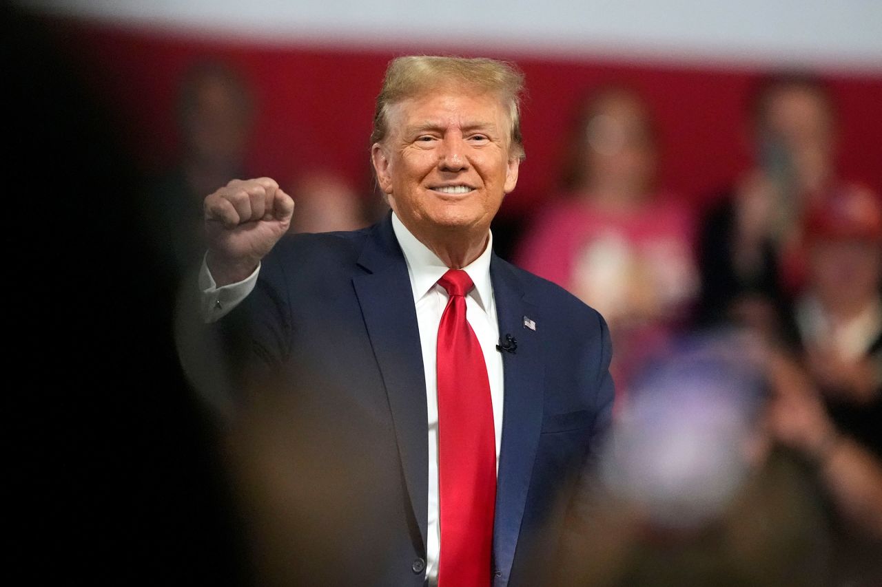 Former President Donald Trump smiles during a Fox News Channel town hall on Tuesday, February 20, in Greenville, South Carolina. 