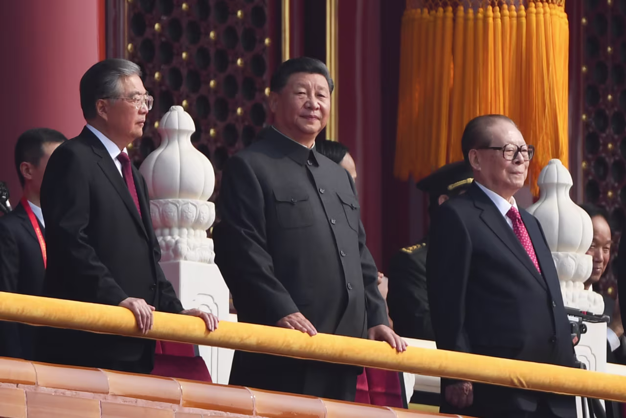 Chinese President Xi Jinping (center) in Tiananmen Square in Beijing on October 1, 2019.