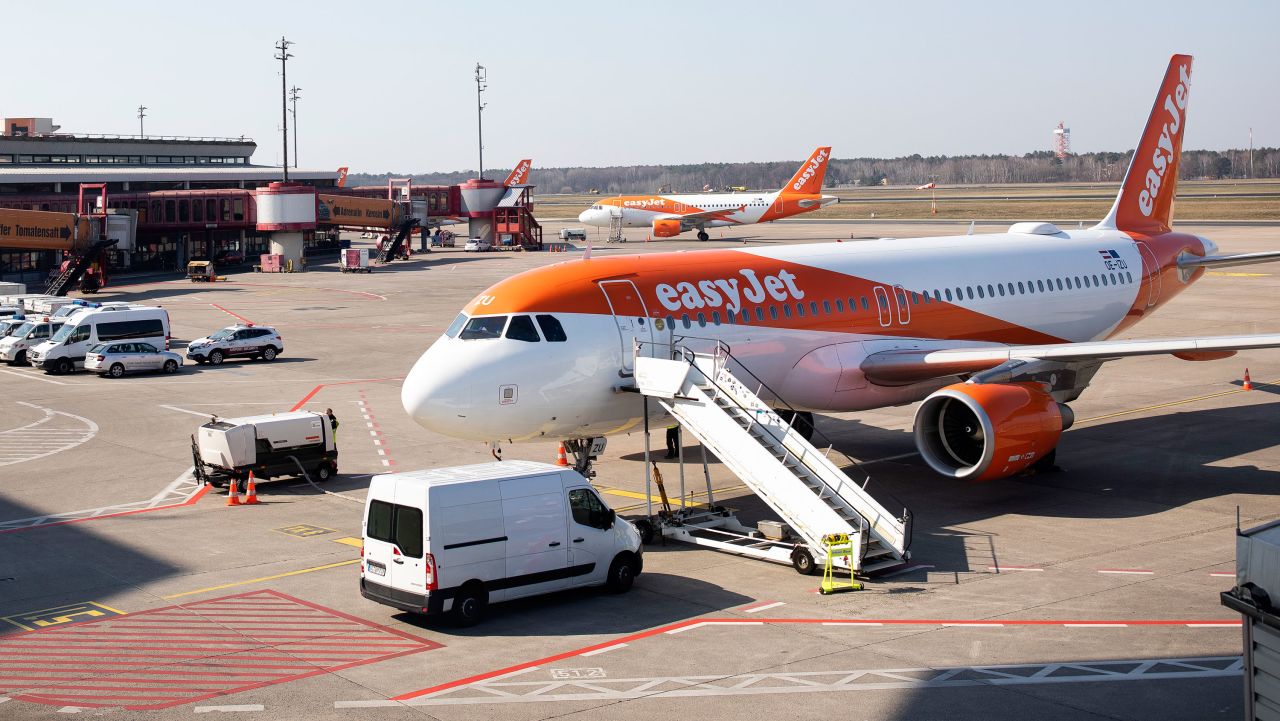 An easyJet plane is parked at Berlin-Tegel airport on March 26 in Berlin, Germany. 