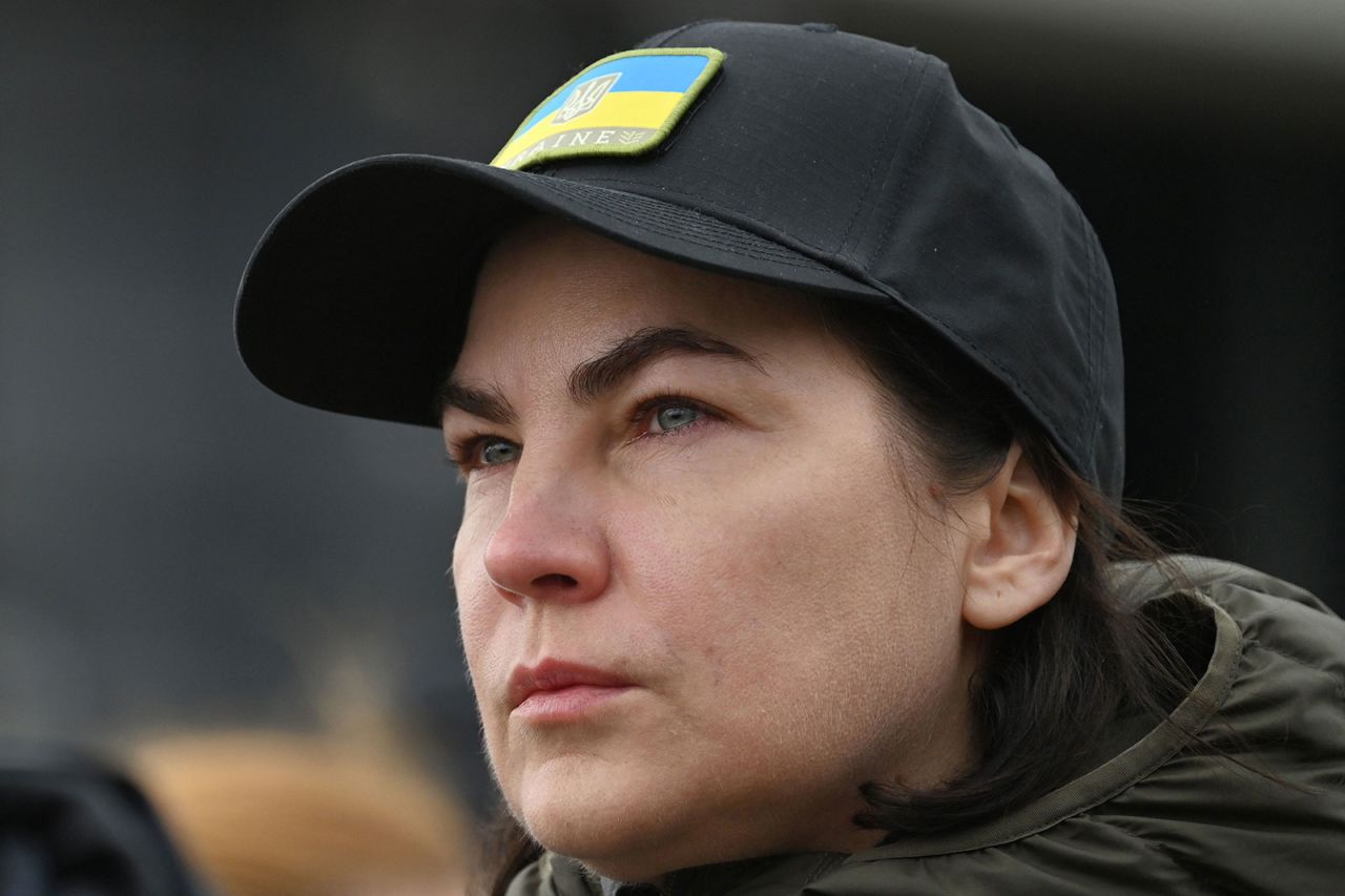 Ukrainian Prosecutor General Iryna Venediktova speaks to journalists in the town of Bucha, Ukraine, on April 5.