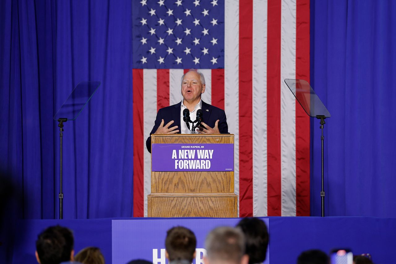 Tim Walz speaks at a campaign event in Grand Rapids, Michigan on September 12.