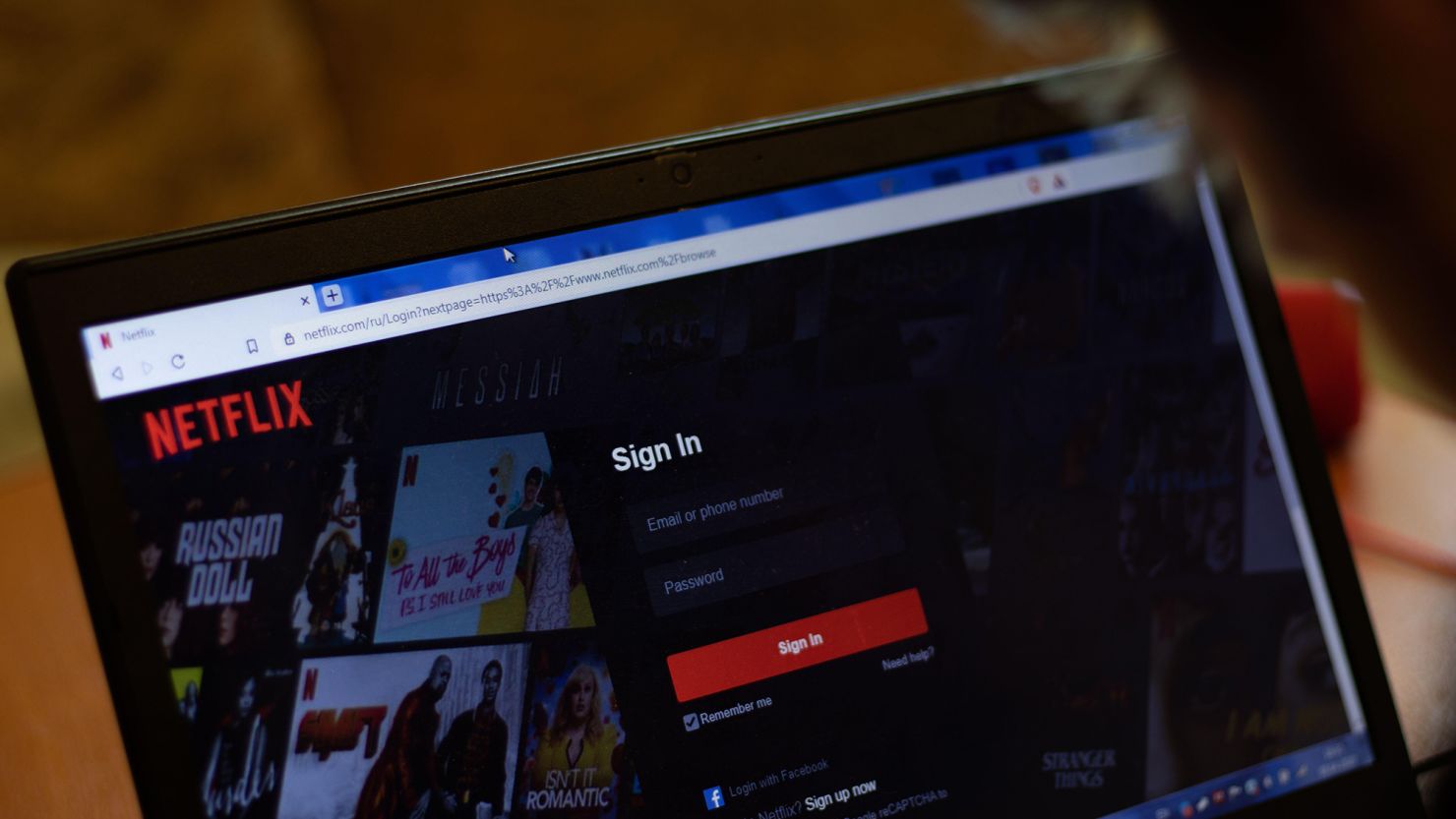 Netflix website's sign-in page is seen on a laptop screen in New York, in April 2020.