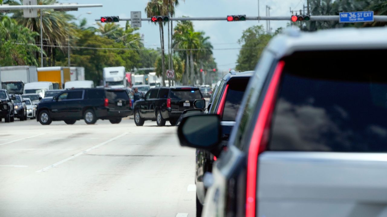 The motorcade for former President Donald Trump leaves Trump National Doral resort on Tuesday, June 13, in Doral, Florida. 