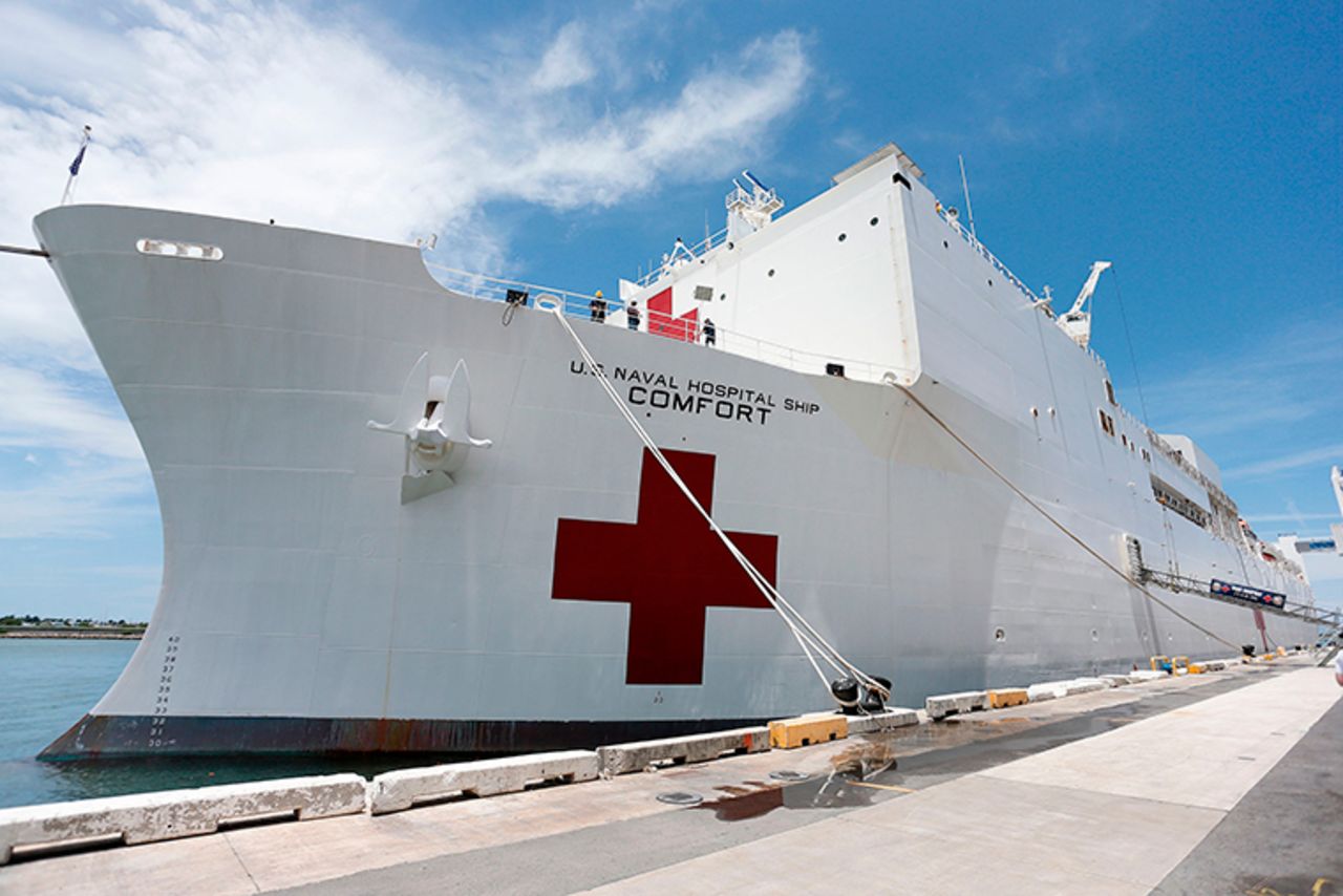 The US Naval Hospital Ship Comfort sits docked at the Port of Miami in Miami, Florida on June 18, 2019. 