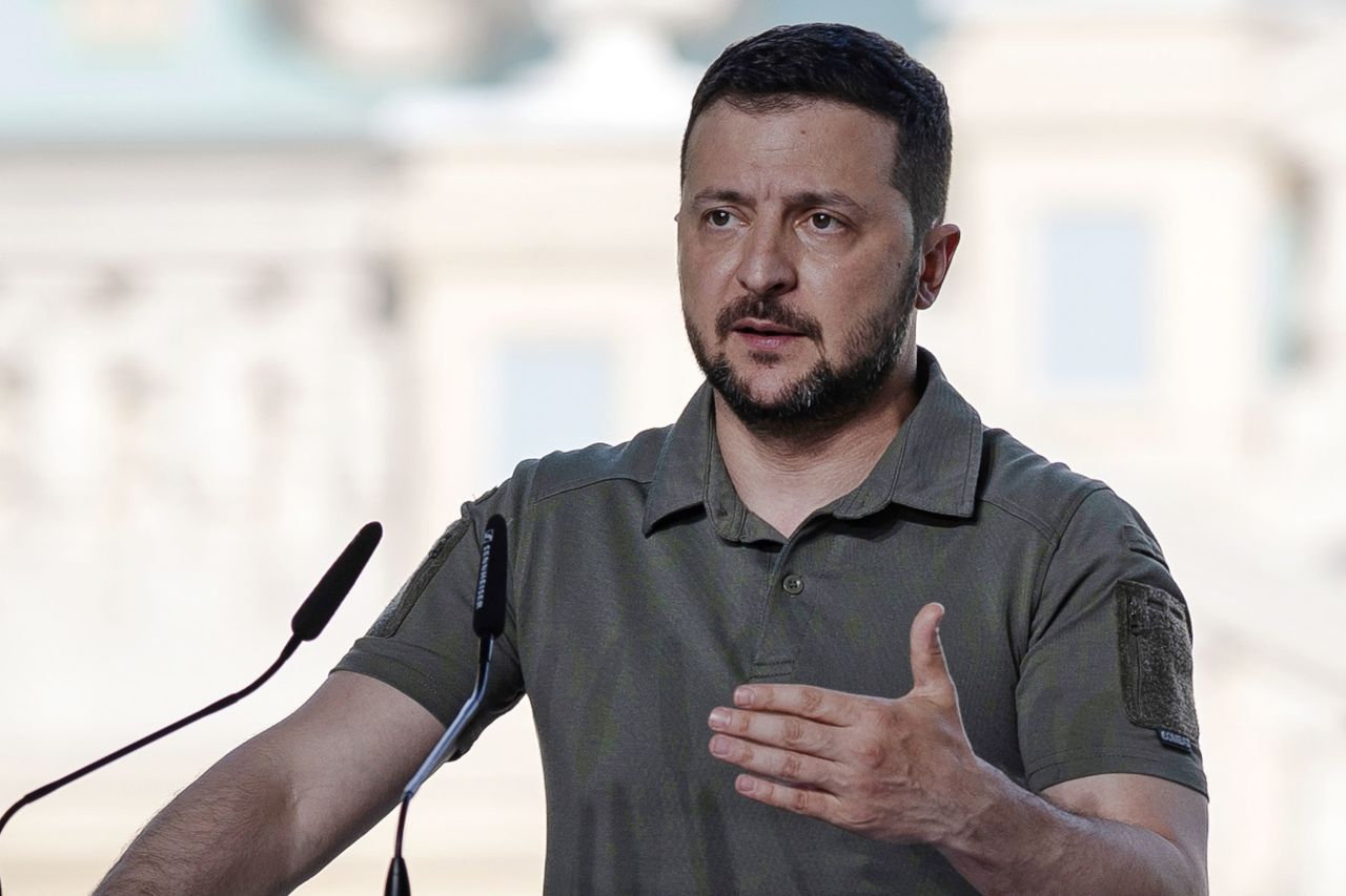 Ukrainian President Volodymyr Zelensky speaks at a news conference in Kyiv on June 16. 