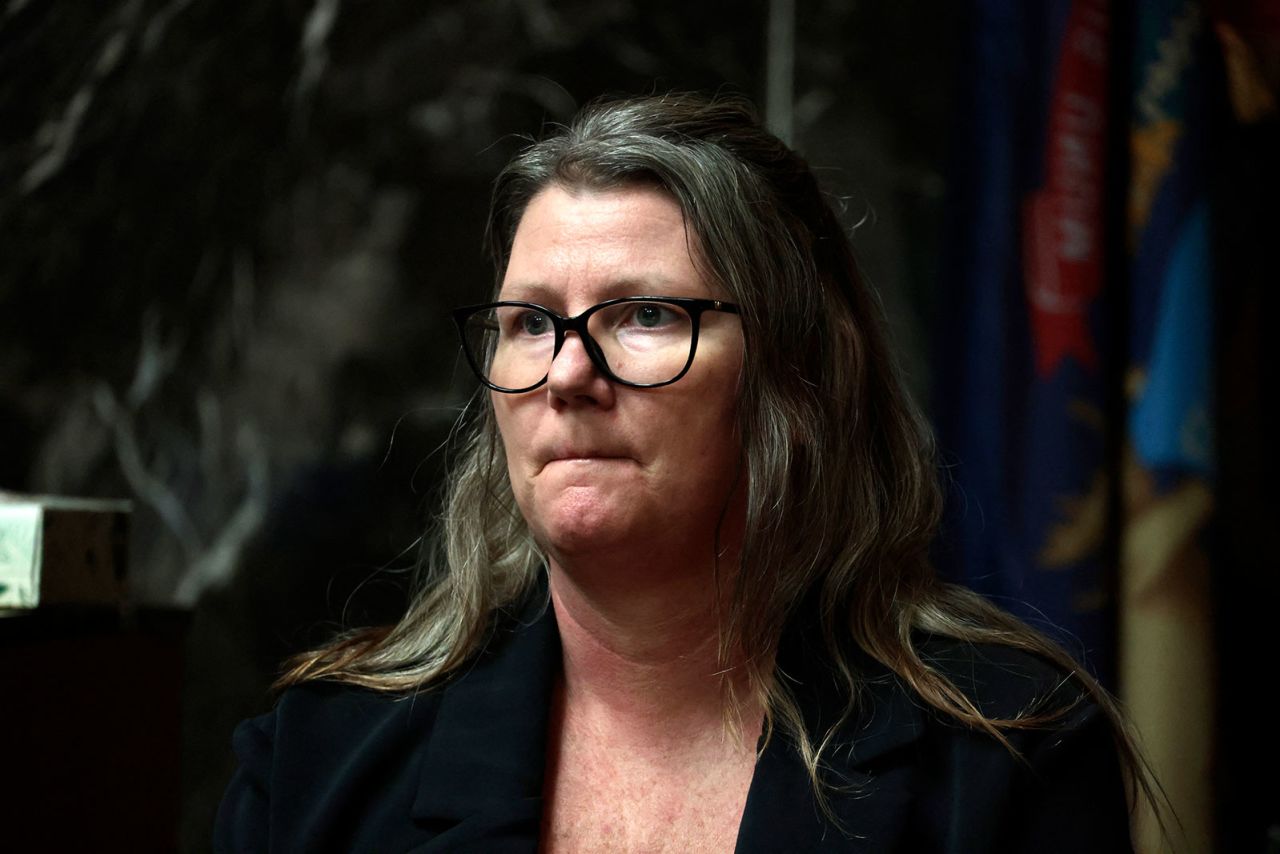 Jennifer Crumbley listens on the stand in the courtroom of Oakland County Court in Pontiac, Michigan, on February 2, 2024. 