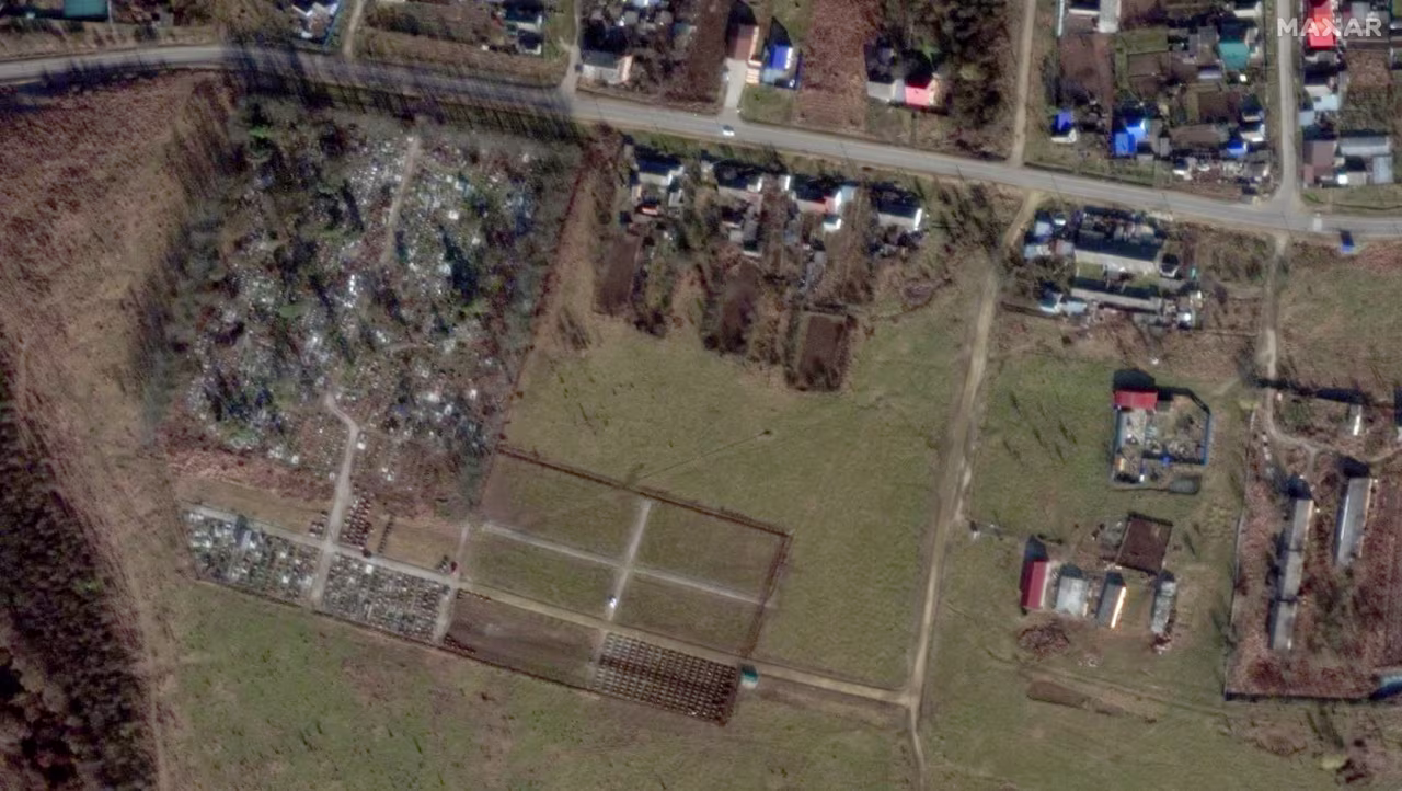 Satellite images show of rows of fresh graves near the village of Bakinskaya in the Krasnodar region, Russia, on January 24, 2023.
