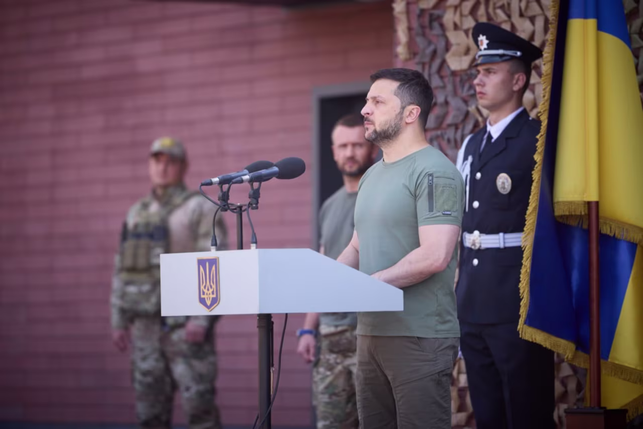 Ukrainian President Volodymyr Zelensky delivers a speech commemorating the National Police day on July 4.