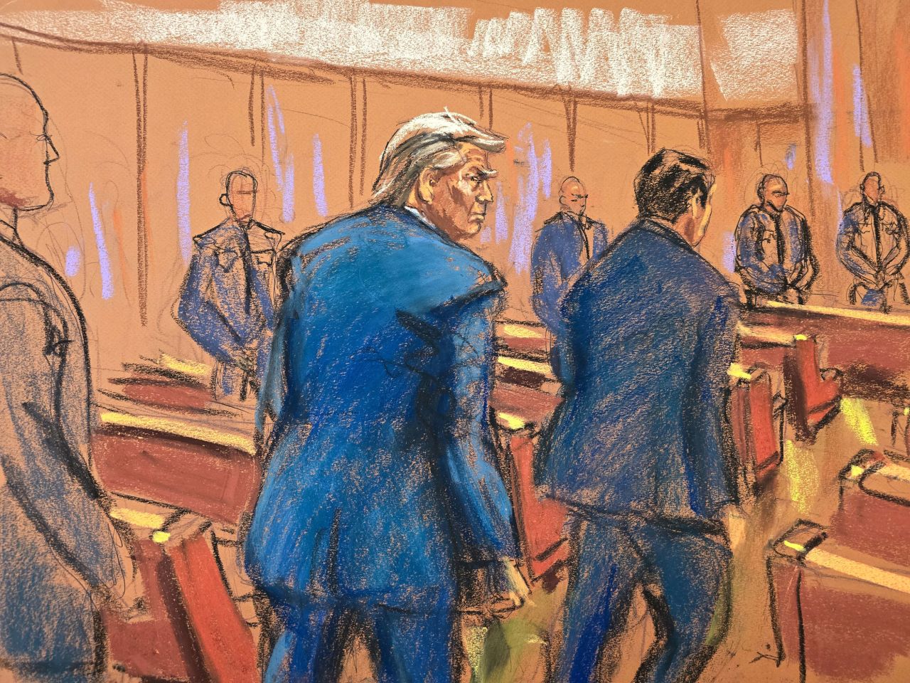 In this court sketch, former US President Donald Trump enters the courtroom with his attorney Todd Blanche at the beginning of Monday's trial at Manhattan Criminal Court in New York.