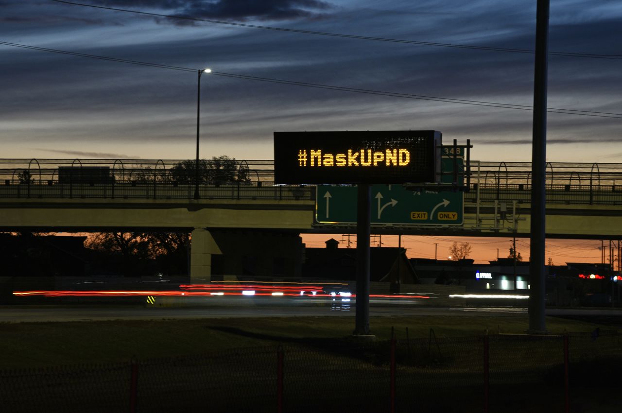 A digital highway sign encourages drivers to wear a mask in Fargo, North Dakota, on Wednesday, October 14.