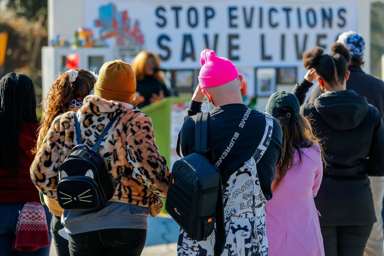 Members of the Housing Justice League participate in a rally in Atlanta, Georgia on January 13, urging the CDC to extend the federal eviction moratorium due to the pandemic.