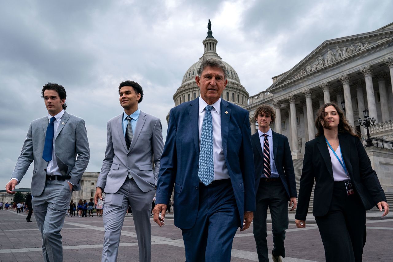 Sen. Joe Manchin  walks with staffers on the east front of the US Capitol on June 5 in Washington, DC.