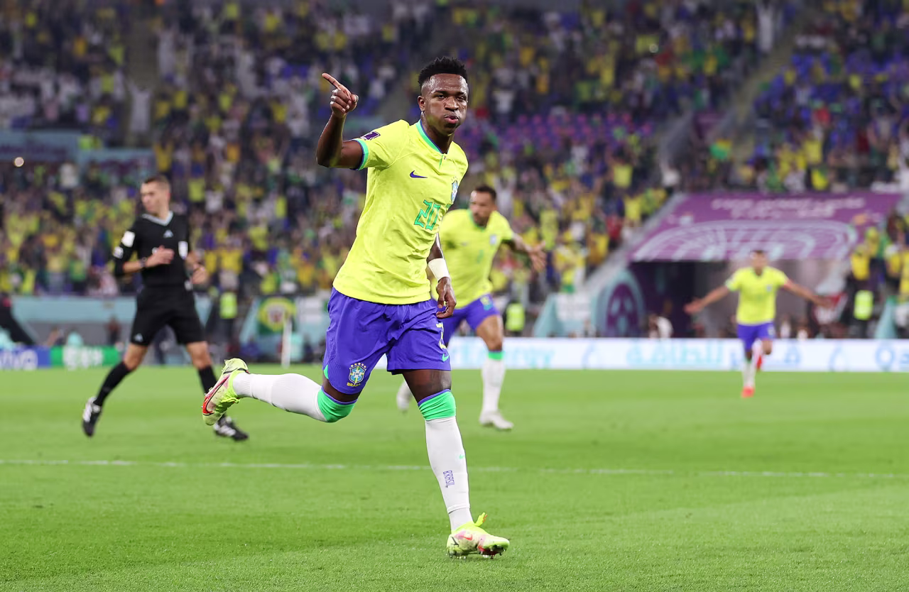Vinicius Junior of Brazil celebrates after scoring the team's first goal during the FIFA World Cup match between Brazil and South Korea on December 05.