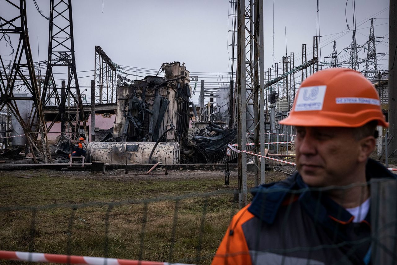 A high voltage substation stands partially destroyed after a missile strike in central Ukraine in November 2022.
