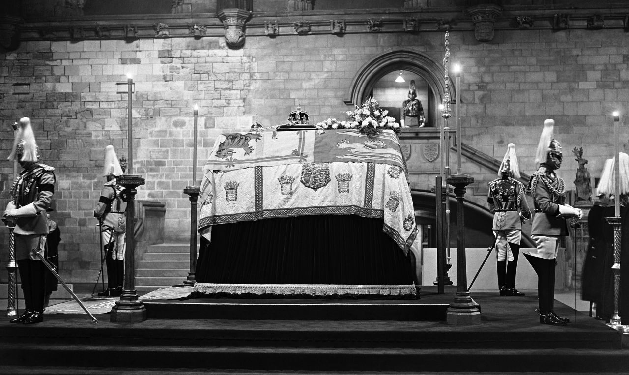 King George V lies in state at Westminster Hall in London in January 1936.