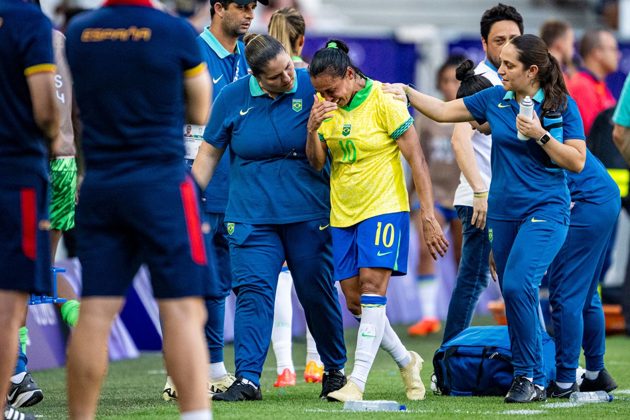 Brazilian soccer legend Marta leaves the field in tears after receiving a red card during a match against Spain on July 31. She was sent off for a reckless and dangerous challenge on Olga Carmona. Marta, a six-time FIFA World Player of the Year, has said she’s retiring from international play following this tournament, so the red card could mark an ignominious end to her glittering national team career.