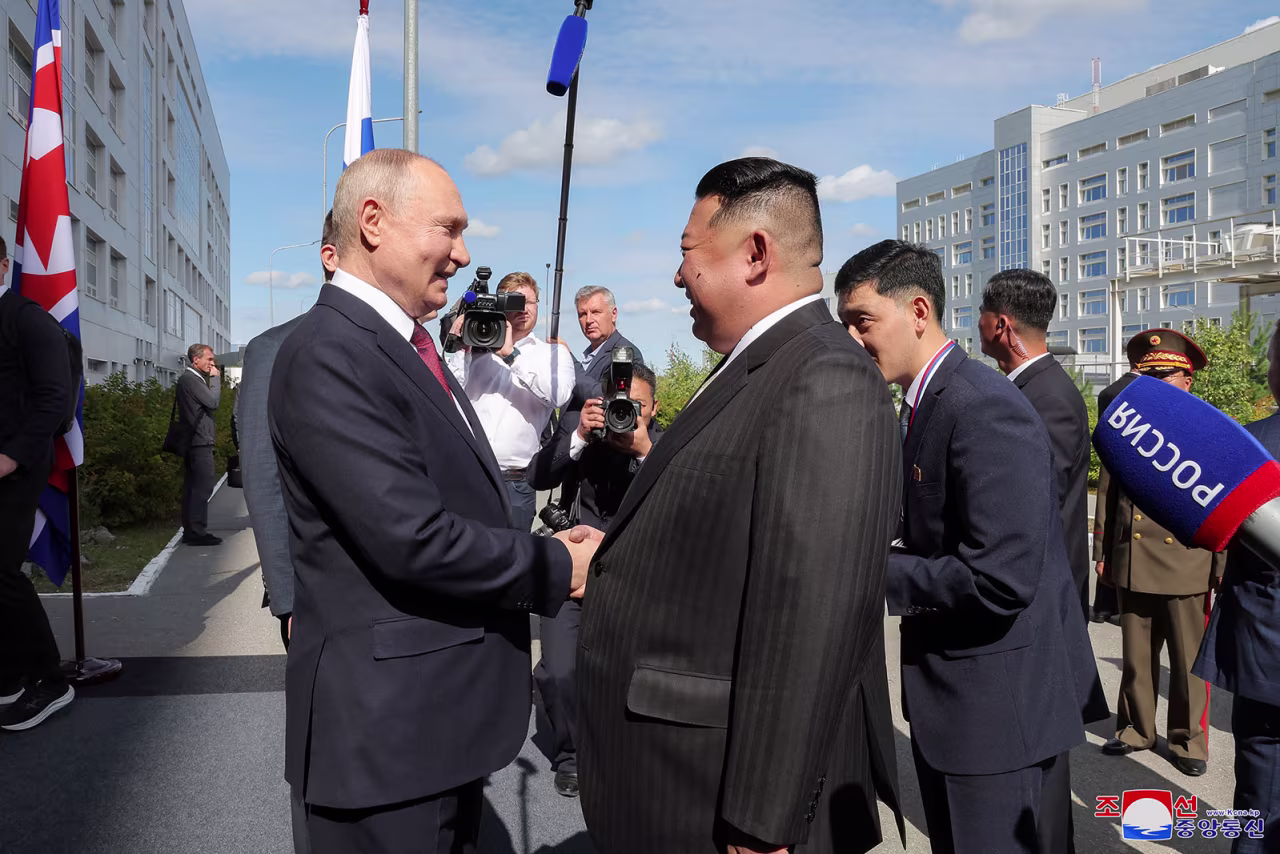 North Korean leader Kim Jong Un meets Russia's President Vladimir Putin on Wednesday, September 13, in this image released by North Korea's Korean Central News Agency. 