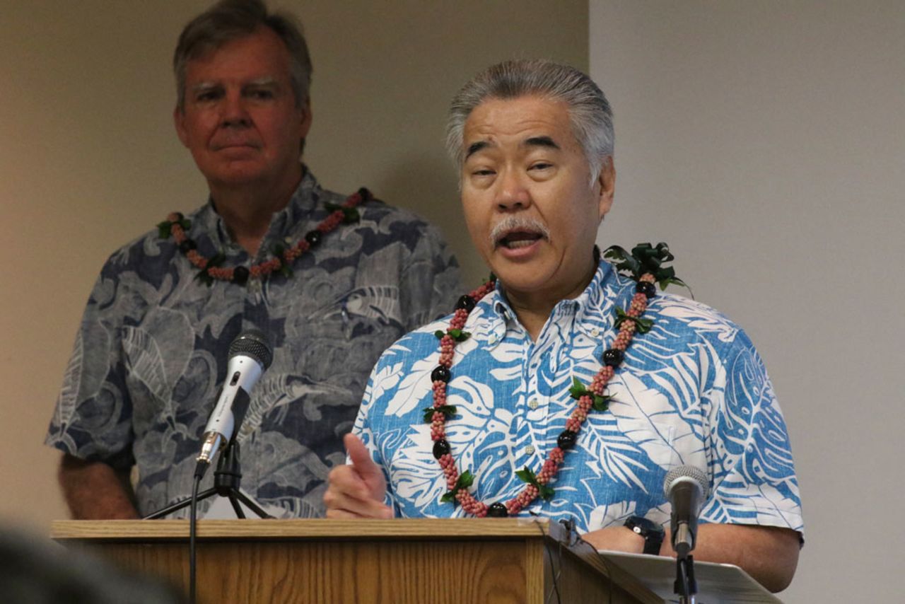 Gov. David Ige speaks to reporters at the state Department of Health's laboratory in Pearl City, Hawaii, on Tuesday, March 3. 