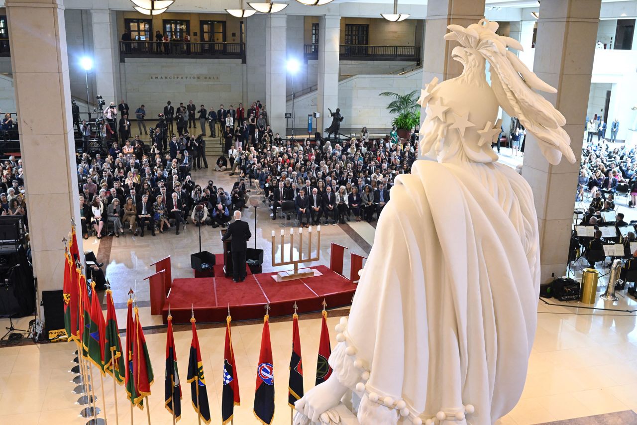 US President Joe Biden delivers a speech on antisemitism at the US Capitol on May 7.