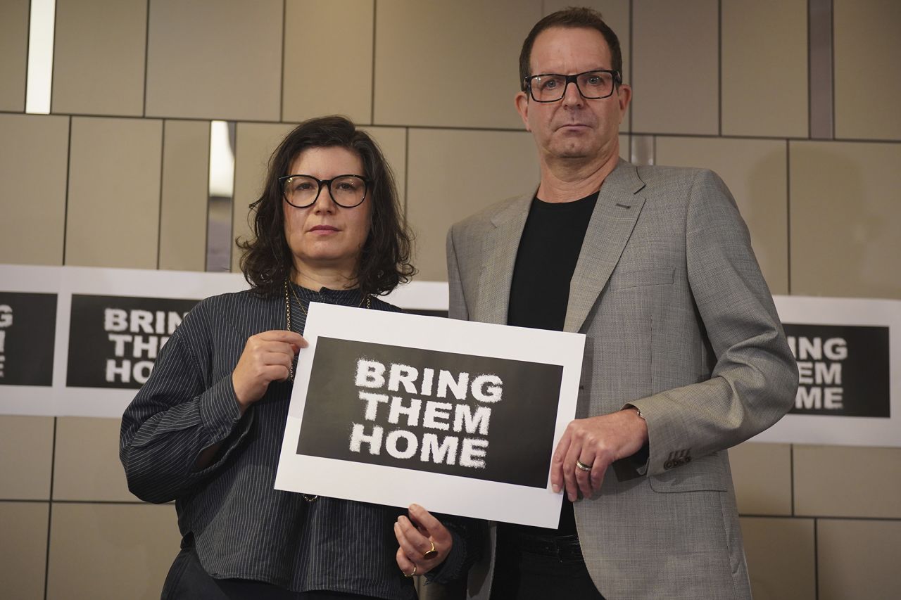 Sharon Lifschitz and Noam Sagi, two London-based British Israelis whose parents are among the hostages held by Hamas in Gaza, speaking at Plaza Westminster Bridge Hotel in London, England, on October 12.